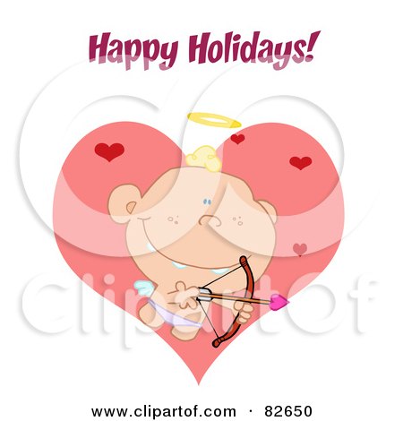 Royalty-Free (RF) Clipart Illustration of a Happy Holidays Greeting Over A Baby Cupid Shooting Arrows Over Big And Small Hearts by Hit Toon