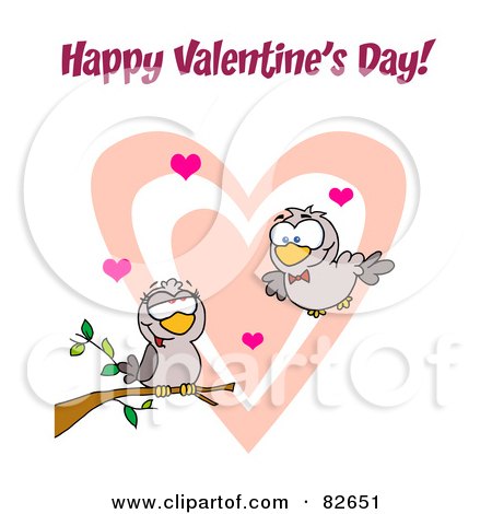 Royalty-Free (RF) Clipart Illustration of a Pair Of Romantic Turtle Doves With Hearts And Happy Valentine's Day Text by Hit Toon