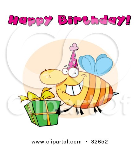 Royalty-Free (RF) Clipart Illustration of Happy Birthday Text Above A Bee Wearing A Party Hat And Carrying A Present by Hit Toon