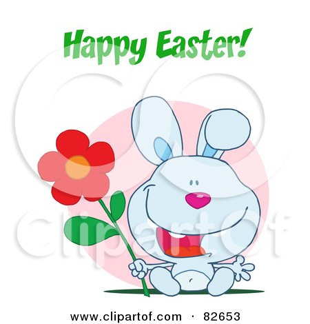 Royalty-Free (RF) Clipart Illustration of a Happy Easter Greeting Over Sitting Blue Bunny With A Flower, In Front Of A Pink Circle by Hit Toon