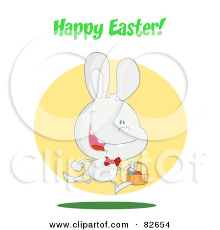 Royalty-Free (RF) Clipart Illustration of a Happy Easter Greeting Over An Exited Running White Bunny With An Easter Basket, In Front Of A Yellow Circle by Hit Toon