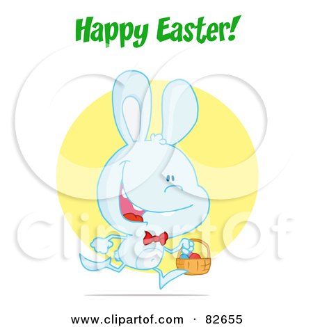 Royalty-Free (RF) Clipart Illustration of a Happy Easter Greeting Over An Exited Running Blue Bunny With An Easter Basket, In Front Of A Yellow Circle by Hit Toon