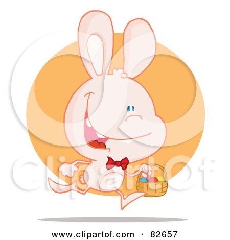 Royalty-Free (RF) Clipart Illustration of an Exited Running Pink Bunny With An Easter Basket, In Front Of An Orange Circle by Hit Toon