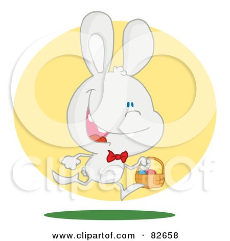 Royalty-Free (RF) Clipart Illustration of an Exited Running White Bunny With An Easter Basket, In Front Of A Yellow Circle by Hit Toon