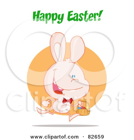 Royalty-Free (RF) Clipart Illustration of a Happy Easter Greeting Over An Exited Running Pink Bunny With An Easter Basket, In Front Of An Orange Circle by Hit Toon