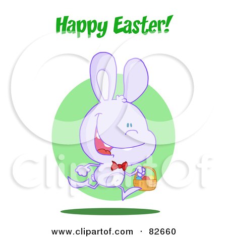 Royalty-Free (RF) Clipart Illustration of a Happy Easter Greeting Over An Exited Running Purple Bunny With An Easter Basket, In Front Of A Green Circle by Hit Toon