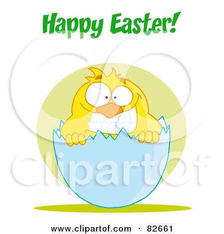 Royalty-Free (RF) Clipart Illustration of Happy Easter Text Above A Yellow Chick Smiling And Peeking Out Of An Egg Shell by Hit Toon