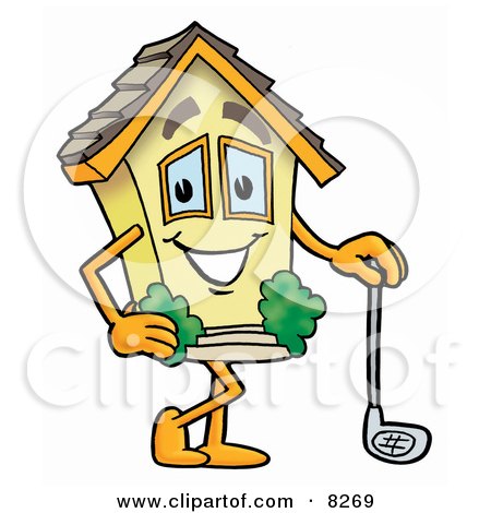 Clipart Picture of a House Mascot Cartoon Character Leaning on a Golf Club While Golfing by Mascot Junction