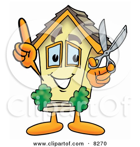 Clipart Picture of a House Mascot Cartoon Character Holding a Pair of Scissors by Mascot Junction