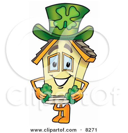 Clipart Picture of a House Mascot Cartoon Character With a Green Four Leaf Clover on St Paddy's or St Patricks Day by Mascot Junction