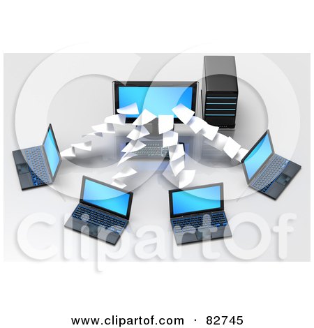Royalty-Free (RF) Clipart Illustration of 3d Pages Flowing To Or From A Blue Screened Desktop Computer To Multiple Laptops by Tonis Pan