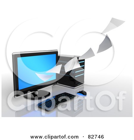 Royalty-Free (RF) Clipart Illustration of a 3d Pages Of Data Flowing To Or From A Desktop Computer by Tonis Pan
