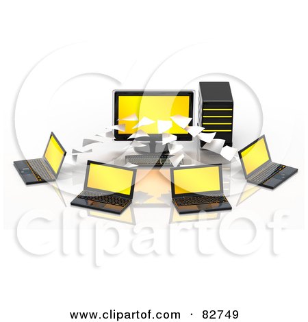 Royalty-Free (RF) Clipart Illustration of 3d Pages Flowing To Or From A Yellow Screened Desktop Computer To Multiple Laptops by Tonis Pan