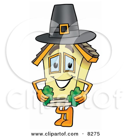Clipart Picture of a House Mascot Cartoon Character Wearing a Pilgrim Hat on Thanksgiving by Mascot Junction