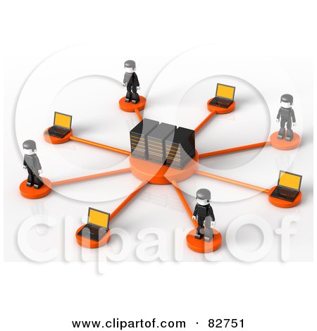 Royalty-Free (RF) Clipart Illustration of 3d Black Network People Standing Around Servers by Tonis Pan