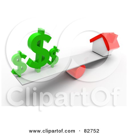 Royalty-Free (RF) Clipart Illustration of 3d Green Dollar Signs On A Teeter Totter, Opposite A Red House by Tonis Pan