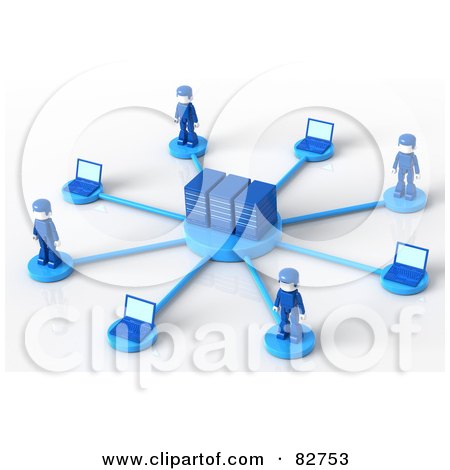 Royalty-Free (RF) Clipart Illustration of 3d Blue Network People Standing Around Servers by Tonis Pan