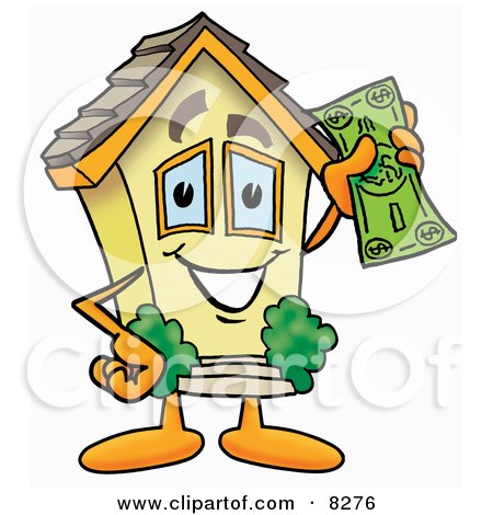 Clipart Picture of a House Mascot Cartoon Character Holding a Dollar Bill by Mascot Junction