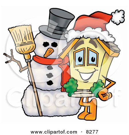 Clipart Picture of a House Mascot Cartoon Character With a Snowman on Christmas by Mascot Junction