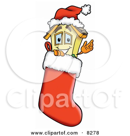 Clipart Picture of a House Mascot Cartoon Character Wearing a Santa Hat Inside a Red Christmas Stocking by Mascot Junction
