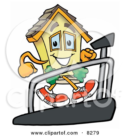 Clipart Picture of a House Mascot Cartoon Character Walking on a Treadmill in a Fitness Gym by Mascot Junction