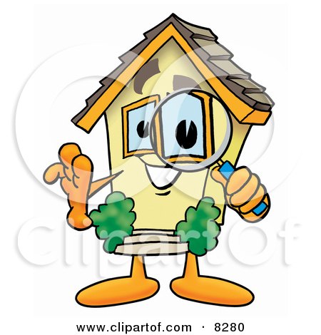 Clipart Picture of a House Mascot Cartoon Character Looking Through a Magnifying Glass by Mascot Junction