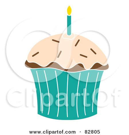 Royalty-Free (RF) Clipart Illustration of a Chocolate Birthday Cupcake With A Candle, Frosting And Sprinkles In A Turquoise Wrapper by Pams Clipart