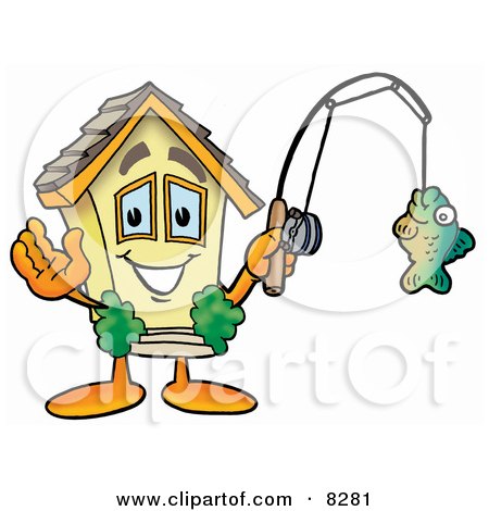 Clipart Picture of a House Mascot Cartoon Character Holding a Fish on a Fishing Pole by Mascot Junction