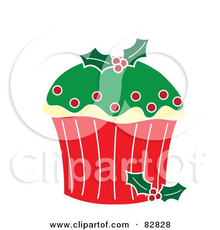 Royalty-Free (RF) Clipart Illustration of a Christmas Cupcake With Green Frosting, Red Dots And Holly Candies by Pams Clipart