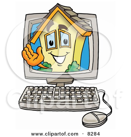Clipart Picture of a House Mascot Cartoon Character Waving From Inside a Computer Screen by Mascot Junction