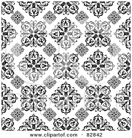 Royalty-Free (RF) Clipart Illustration of a Black And White Floral Patterned Wallpaper Background by michaeltravers