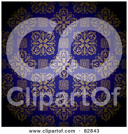Royalty-Free (RF) Clipart Illustration of a Gold And Royal Blue Floral Patterned Wallpaper Background by michaeltravers