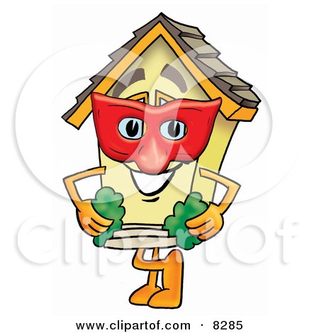 Clipart Picture of a House Mascot Cartoon Character Wearing a Red Mask Over His Face by Mascot Junction