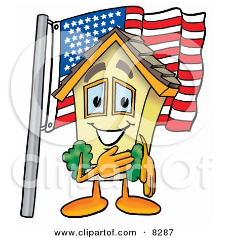 Clipart Picture of a House Mascot Cartoon Character Pledging Allegiance to an American Flag by Mascot Junction