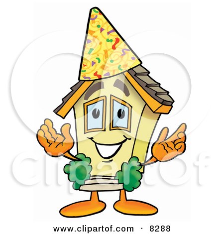Clipart Picture of a House Mascot Cartoon Character Wearing a Birthday Party Hat by Mascot Junction