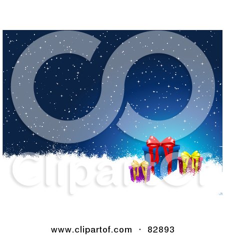 Royalty-Free Clipart Illustration of Three Christmas Presents In Snow Under A Snowy Night Sky by KJ Pargeter