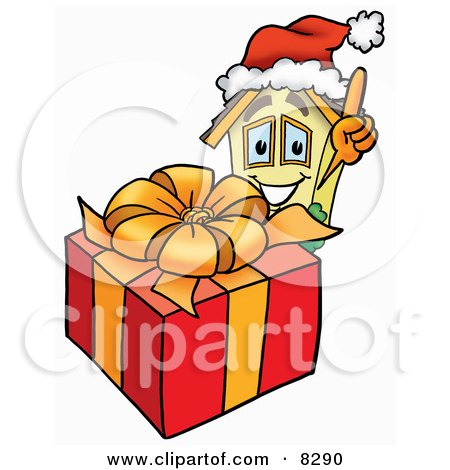 Clipart Picture of a House Mascot Cartoon Character Standing by a Christmas Present by Mascot Junction