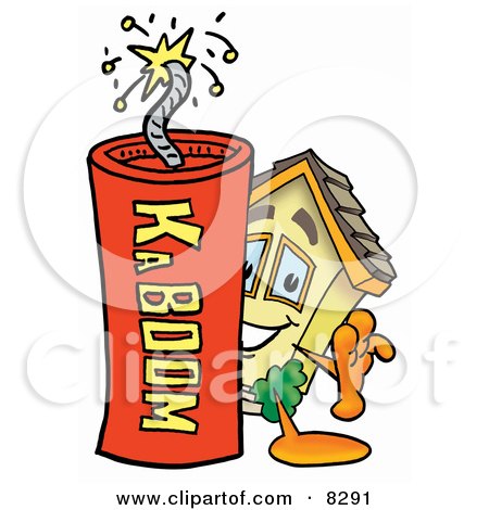 Clipart Picture of a House Mascot Cartoon Character Standing With a Lit Stick of Dynamite by Mascot Junction