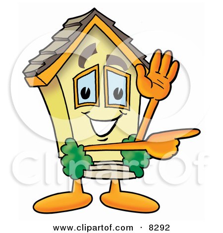 Clipart Picture of a House Mascot Cartoon Character Waving and Pointing by Mascot Junction