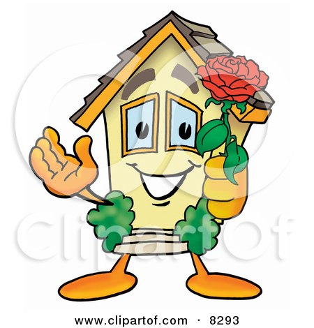 Clipart Picture of a House Mascot Cartoon Character Holding a Red Rose on Valentines Day by Mascot Junction