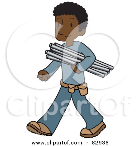 Royalty-Free (RF) Clipart Illustration of a Male African American Plumber Walking And Carrying Pipes by Rosie Piter