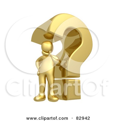 Royalty-Free (RF) Clipart Illustration of a 3d Golden Person Pondering Under A Question Mark by 3poD