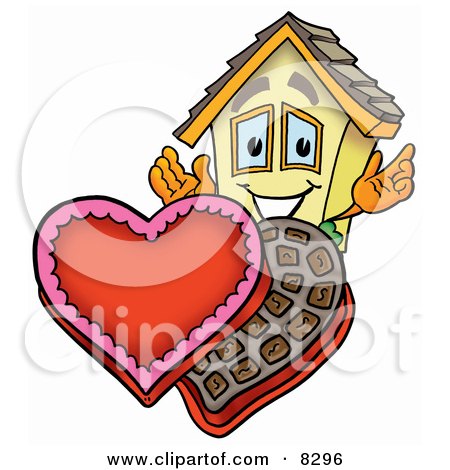 Clipart Picture of a House Mascot Cartoon Character With an Open Box of Valentines Day Chocolate Candies by Mascot Junction