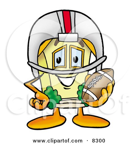 Clipart Picture of a House Mascot Cartoon Character in a Helmet, Holding a Football by Mascot Junction