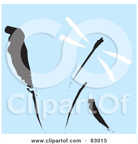 Royalty-Free (RF) Clipart Illustration of a Painted Black And White Dragonfly Over Black Reeds On Blue by xunantunich