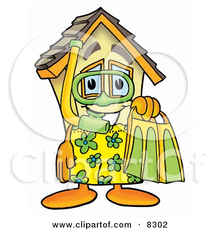 Clipart Picture of a House Mascot Cartoon Character in Green and Yellow Snorkel Gear by Mascot Junction