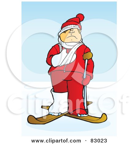 Royalty-Free (RF) Clipart Illustration of an Injured Skier With A Crutch, Cast And Sling, On Skis In The Snow by Snowy