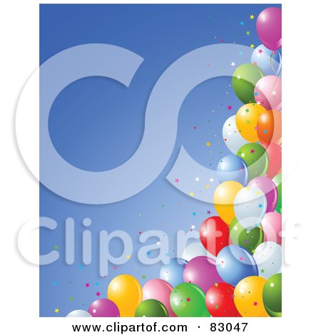 Royalty-Free (RF) Clipart Illustration of a Bottom And Side Border Of Colorful Star Confetti And Party Balloons Against Blue by Pushkin