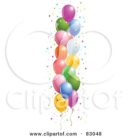Royalty-Free (RF) Clipart Illustration of a Side Border Of Colorful Floating Party Balloons With Star Confetti by Pushkin
