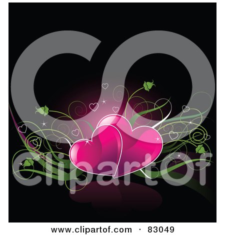 Royalty-Free (RF) Clipart Illustration of a Romantic Background Of Two Pink Heats With Green Plants Over Black by Pushkin
